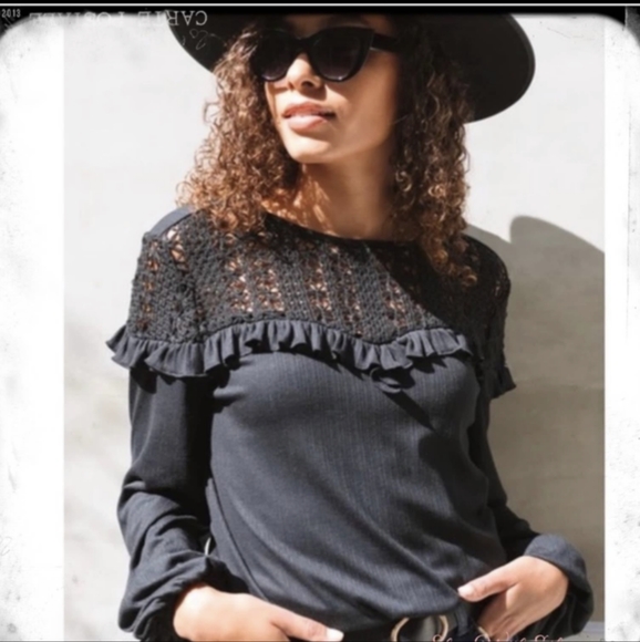 Merlose and Market Bohemian Black Lace Long Sleeve Top Size S - Picture 2 of 6